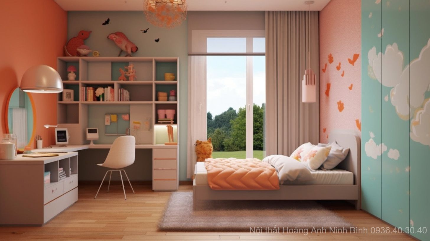 Mãu Thiết kế phòng ngủ hiện đại cho bé gam mầu hồng tại Nội thất Hoàng Ahh Ninh Bình